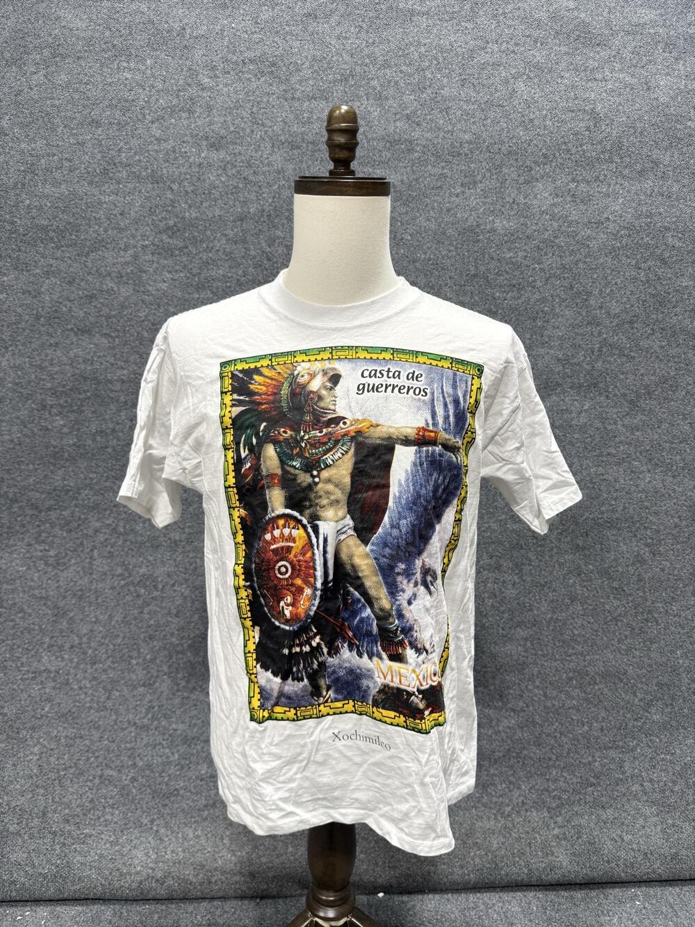 King Shirt Mens Large White Mexico Aztec Warrior Graphic T-Shirt Tee Travel